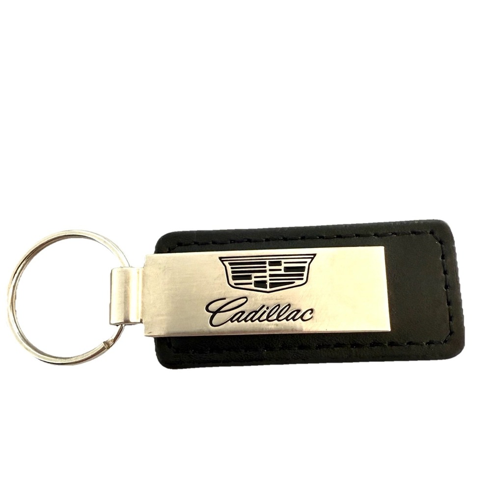 Vintage CADILLAC Keychain Black Leather FOB Silver Toned Luxury Logo Romain